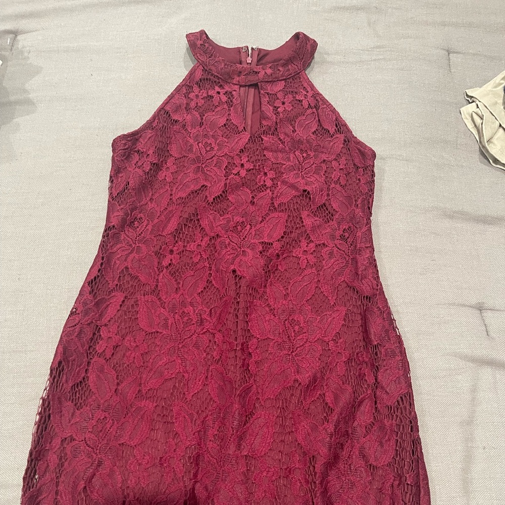 Juniors high neck maroon lace dress